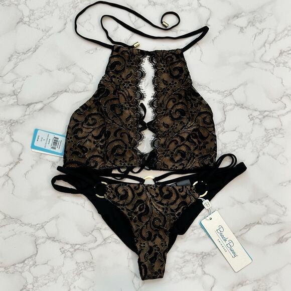 Beach Bunny Gunpowder and Lace High Neck bikini top L & Skimpy Bottoms M $289 - Picture 12 of 15